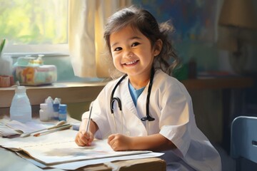 Poster - A little girl sitting at a desk with a stethoscope. This image can be used to represent a child's interest in the medical field or for educational purposes