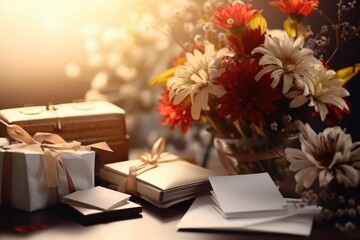 Poster - A bouquet of flowers placed on a table. This image can be used to add a touch of elegance and beauty to any project.