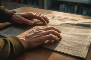 Poster - A person sitting at a table, engrossed in reading a newspaper. Suitable for articles, blogs, and news-related content.