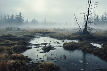 Poster - A picture of a small stream flowing through a field covered in lush green grass. This image can be used to depict the beauty of nature and the peacefulness of a serene landscape.