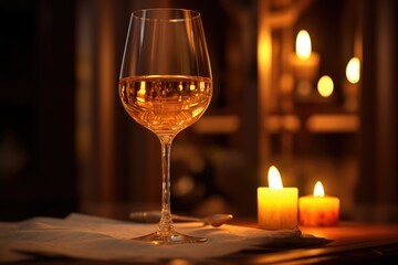 Aufkleber - A glass of wine sits on top of a table next to a lit candle. This image can be used to create a cozy and romantic atmosphere