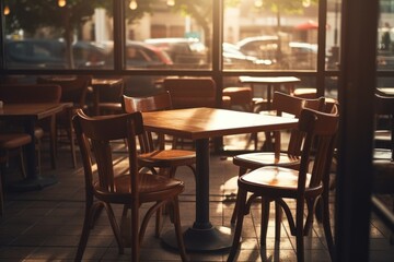 Poster - A picture of a table and chairs placed in front of a window. This image can be used to depict a cozy dining area or a picturesque view from a cafe or restaurant