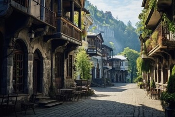 Wall Mural - A picturesque narrow cobblestone street lined with tables and chairs for outdoor seating. Perfect for cafe scenes or European city vibes