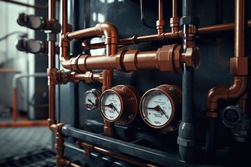 Poster - A close-up view of a wall-mounted bunch of gauges. This image can be used to depict measurement, monitoring, or control systems in various industries