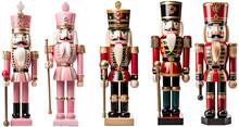 Set Of Nutcracker. Christmas Wood Toy Soldier Traditional Figurine. Isolated On Transparent Background