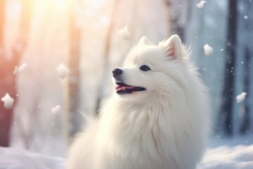 Wall Mural - A white dog is sitting in the snow. This image can be used to depict winter scenes, snowy landscapes, or pets enjoying the snow