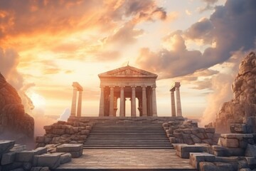 Poster - A picture of a stone structure with columns and steps leading up to it. This image can be used to depict architecture, historical landmarks, or grand entrances