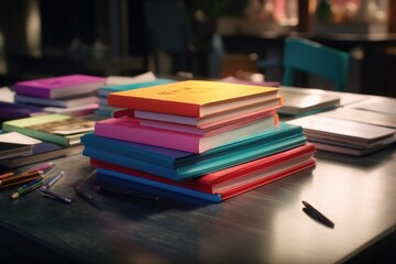 Poster - A stack of books sitting on top of a wooden table. Suitable for educational or library-themed designs