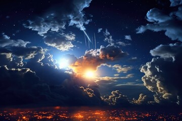 Poster - A stunning cityscape with the sun shining brightly through the clouds. 