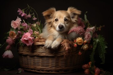 Aufkleber - A dog sitting peacefully in a basket filled with colorful flowers. This charming image can be used to convey themes of nature, relaxation, or pet care.