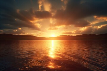 Poster - A beautiful sunset scene with the sun setting over a calm body of water. Perfect for adding a serene and tranquil touch to any project.