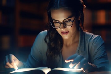 Poster - A woman engrossed in reading a book in a dimly lit room.