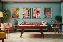Pool Table Game Room Interior, Vintage Arcade Games, A Cozy Seating Area With Patterned Cushions, And A Wall Adorned With Geometric Artwork.