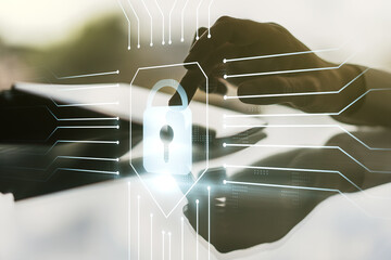 Aufkleber - Creative idea concept with lock symbol and microcircuit illustration and with finger clicks on a digital tablet on background. Protection and firewall concept. Multiexposure