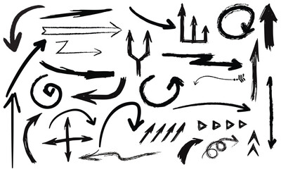 Wall Mural - Charcoal arrows vector icons set. Hand drawn freehand different curved lines, swirls arrows. Doodle marker drawing, black chalk smears. Direction pointers. Scribbles and scrawls.