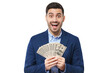 © Damir Khabirov - Young excited man shouting, he is lottery winner, holding dollars in cash, shocked and happy