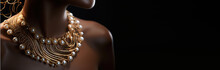 Jewelry Fashion Banner, Woman In Luxury Creative Golden Pearls Jewels, Glamour Female African American Model With Beauty Face Makeup Wearing Expensive Gold Stylish Jewelry On Black Background.