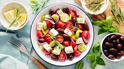 Canvas Print - Greek salad. Vegetable salad with feta cheese, tomato, olives, cucumber, red onion and olive oil. Healthy vegetarian mediterranean diet food. Video 4k