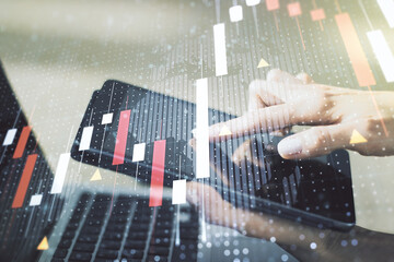 Poster - Multi exposure of abstract creative financial graph with world map and finger presses on a digital tablet on background, forex and investment concept