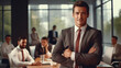 © ImageHeaven - A successful businessman sits confidently in a boardroom with his team in the background, exemplifying leadership and collaboration.