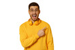 © Damir Khabirov - Surprised man feeling shocked about commercial offer, pointing right, screaming wow