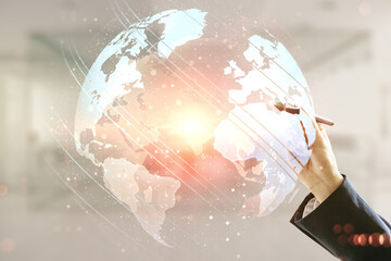 Poster - Multi exposure of man hand with pen working with abstract graphic world map on blurred office background, connection and communication concept