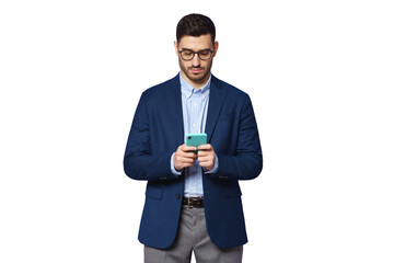 serious young businessman wearing blue suit, looking at phone screen, chatting online, surfing the i