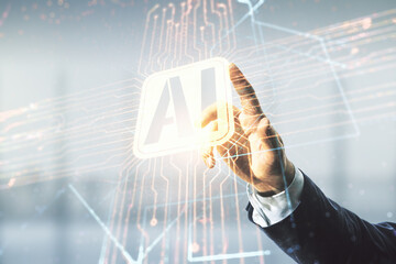 Aufkleber - Double exposure of man hand presses on creative artificial Intelligence icon on blurred office background. Neural networks and machine learning concept