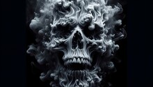 Artistic Skull Wrapped In Swirls Of White And Grey Smoke, Creating A Fascinating And Mysterious Image On A Black Background.