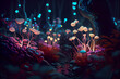 Fairy forest at night, fantasy glowing flowers and lights. Created with Generative AI technology