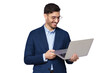 © Damir Khabirov - Young male teacher dressed in blue suit, wearing glasses, holding open laptop in hands, looking at screen