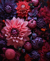 Canvas Print - vibrant dahlia flowers in various shades of pink and purple, beautifully arranged