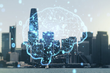 Poster - Double exposure of creative human brain microcircuit hologram on San Francisco office buildings background. Future technology and AI concept