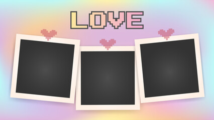 Poster - Valentine 's day card design. Blank set photo picture frames mockups, realistic postcard. Photo album template. Empty image for memory. gradient shape, y2k background. Pink yellow purple vibrant color