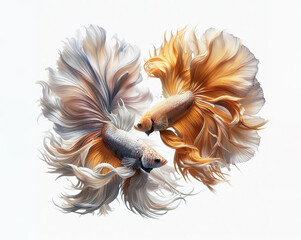 Wall Mural - Silver and gold Betta swims beautifully against a white background, White and Yellow betta, AI Generative.