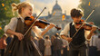 Girl and boy playing the violin in a park with a lot of people in the background
