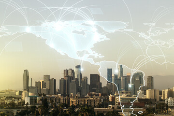 Poster - Double exposure of abstract digital world map hologram with connections on Los Angeles office buildings background, big data and blockchain concept