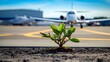Green plant growing on the airport with a business private jet behind, emphasizing the environmental impact of aviation. Sustainable Aviation Fuel (SAF) and decarbonization concept.