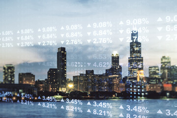 Poster - Multi exposure of stats data illustration on Chicago city skyline background, computing and analytics concept