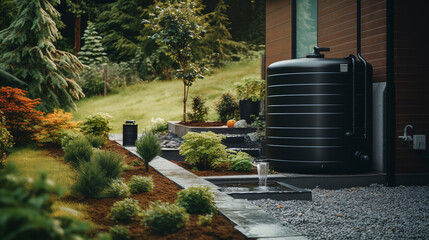 A rainwater harvesting system with a water tank and filtration unit. ai generative