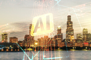 Poster - Double exposure of creative artificial Intelligence icon on Chicago city skyscrapers background. Neural networks and machine learning concept