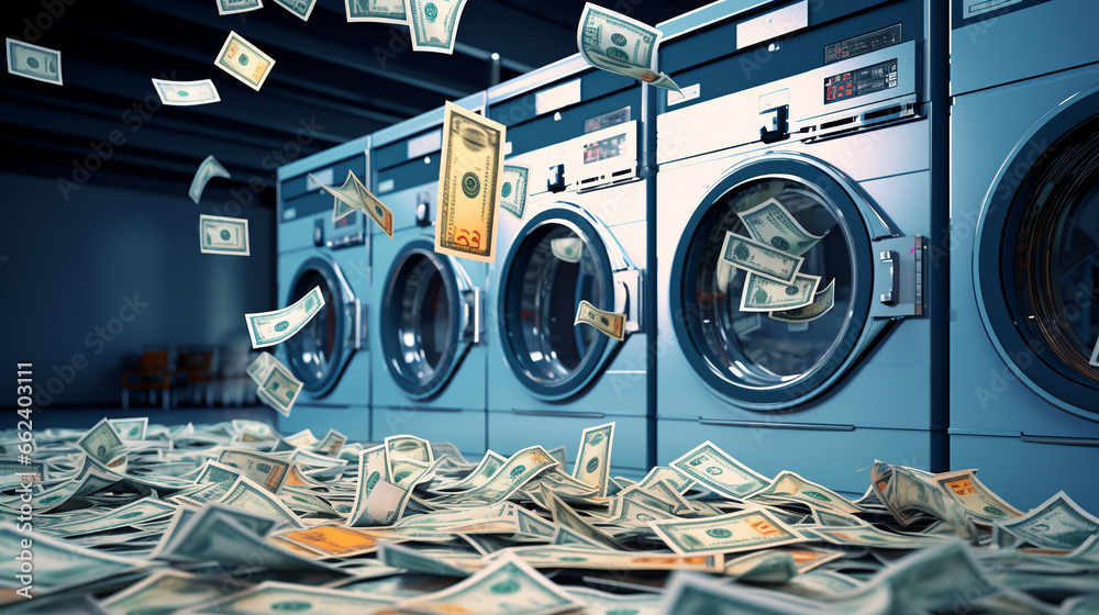 Flying money banknotes in a laundromat with washing machines, money ...