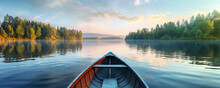Calm Lake With Morning Skies Above, View From Wooden Boat. Ai Generative