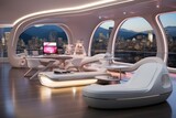 Fototapeta Młodzieżowe - futuristic office with curved, white furniture, LED lighting, and a high - tech, space - age aesthetic