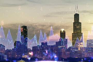 Poster - Multi exposure of abstract statistics data hologram interface on Chicago office buildings background, computing and analytics concept