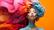 © miro - Woman head shot with colorful hair and orange wall in background