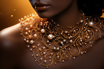 Wall Mural - Jewelry fashion, cropped woman in luxury creative golden pearls jewels, glamour female african American model with beauty face makeup wearing expensive gold stylish Jewelry on black background.