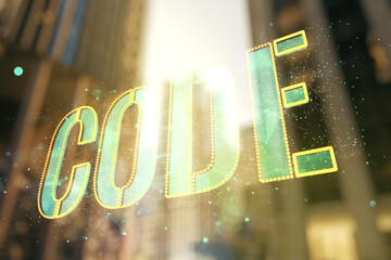Aufkleber - Code word hologram on blurry cityscape background, artificial intelligence and neural networks concept. Multiexposure