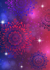  Abstract background with snowflakes and shining glare stars. Template, poster, postcards for holiday, New Year, Christmas. Vector