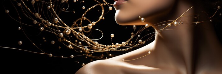 Wall Mural - Jewelry fashion banner, cropped woman in luxury creative golden pearls jewels, glamour female african American model with beauty face makeup wearing expensive gold stylish Jewelry on black background.